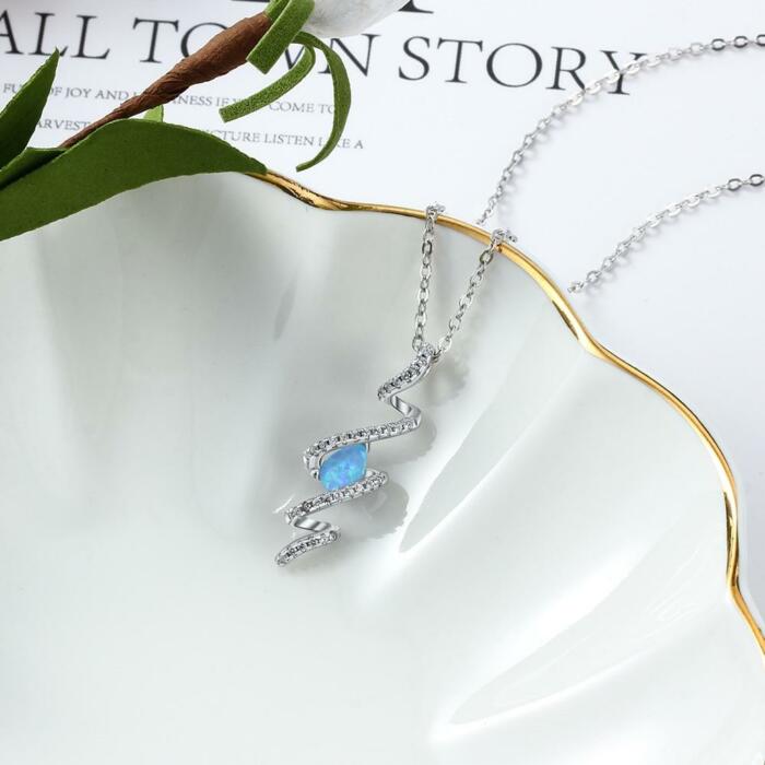 925 Sterling Silver Geometric Necklace with Ribbon Shape Twist Blue Opal Pendant, Gift for Women