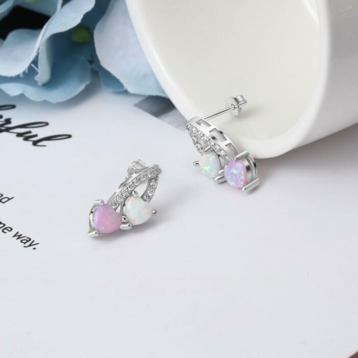 Pink & White Heart Opal 925 Sterling Silver Earrings - Cubic Zirconia Stoned Ear Stud - Geometric Wedding Stud Earring - Jewelry Accessory for Women - Trendy Jewelry Gift for Mom, Wife & Sister