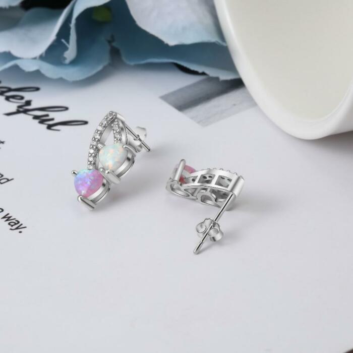 Pink & White Heart Opal Sterling Silver Earrings - Cubic Zirconia Stoned Ear Stud