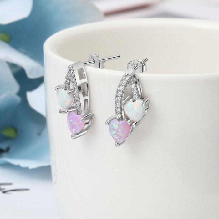 Pink & White Heart Opal Sterling Silver Earrings - Cubic Zirconia Stoned Ear Stud