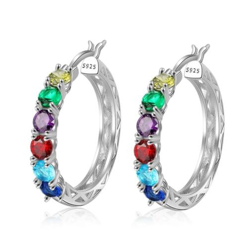 925 Sterling Silver Jewelry- Silver Hoop Earrings for Women- Custom 6 Birthstones Engraved Earrings- Personalized Birthstone Jewelry for Women