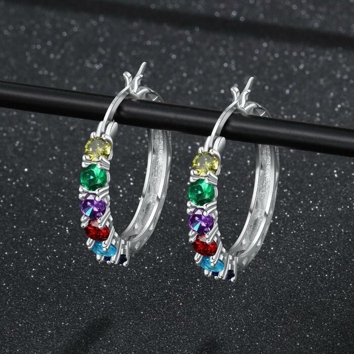 925 Sterling Silver Jewelry- Silver Hoop Earrings for Women- Custom 6 Birthstones Engraved Earrings- Personalized Birthstone Jewelry for Women