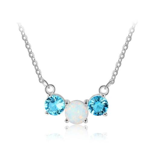 Sterling Silver Party Jewelry Necklace with Three Circles Opal Stone & Blue CZ Pendant