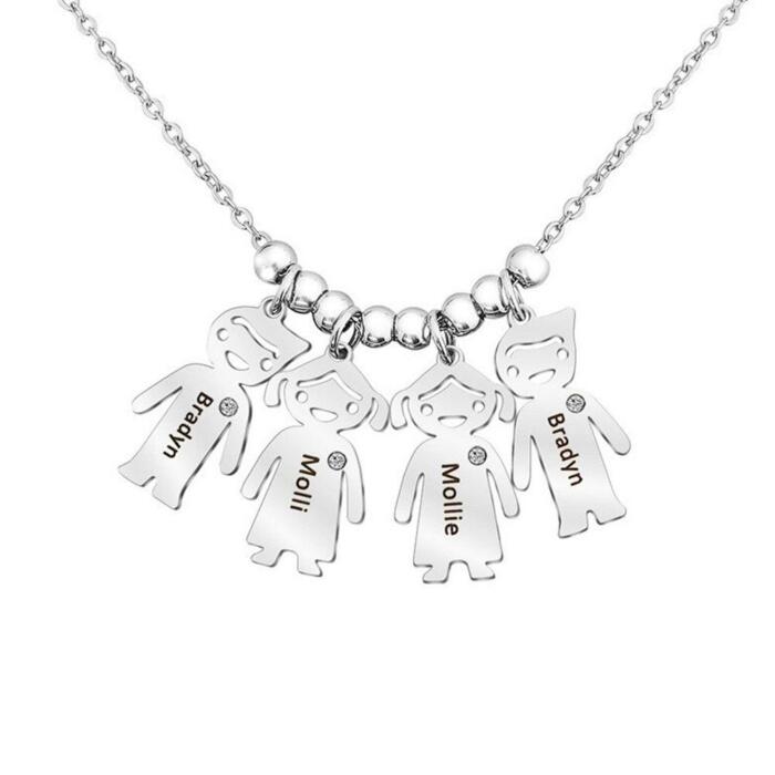 Personalized 925 Sterling Silver My Children Engraved Necklace - 4 Custom Name Engravings on the Children Designed German Silver Plate - Fashion Gift Jewelry for Friends & Family