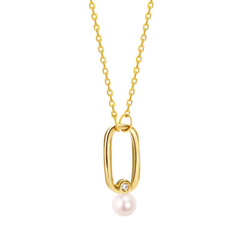 Gold Square Pendant Necklace with Diamond and Pearl