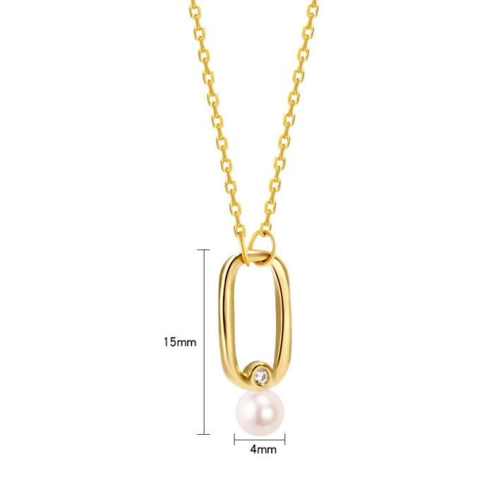 Gold Square Pendant Necklace with Diamond and Pearl