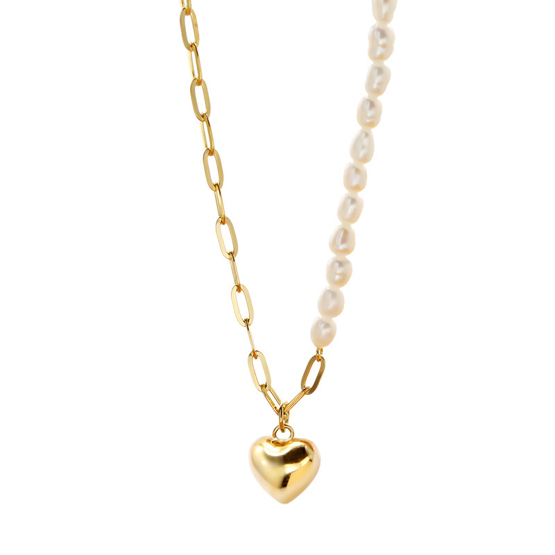 Gold Pearl Necklace with Heart Pendant