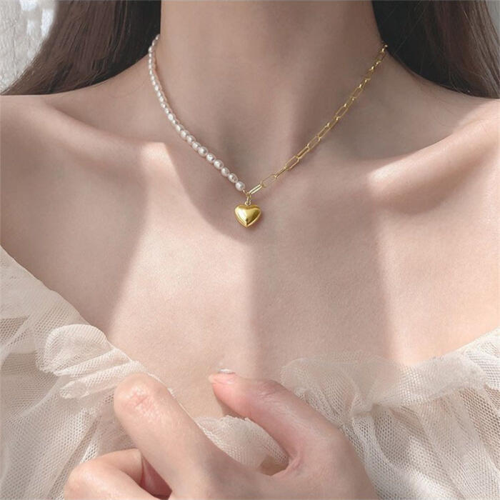 Gold Pearl Necklace with Heart Pendant